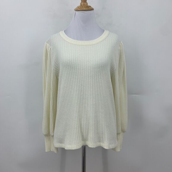 Madewell Brush Ribbed Top Womens L Large Cream 3/4 Pleat Blouson Sleeve Sweater - Picture 2 of 14